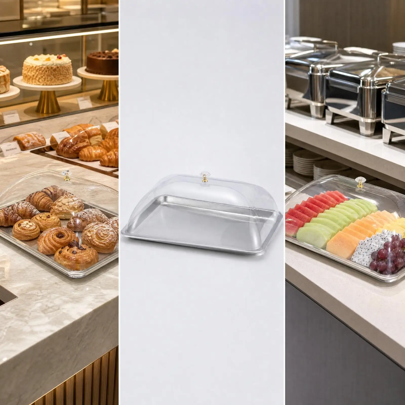 Food Display Tray with Clear Dome Lid 304 Stainless Steel Rectangular Serving Baking Tray for Dessert Showcase Buffet Counter