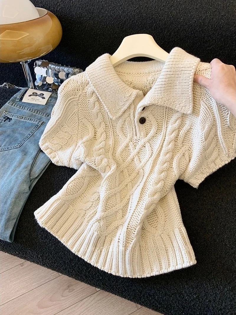 

Ретро-корейский вязаный свитер для женщин, мягкий вискозный топ с коротким рукавом, омолаживающий эффект, весна-осень