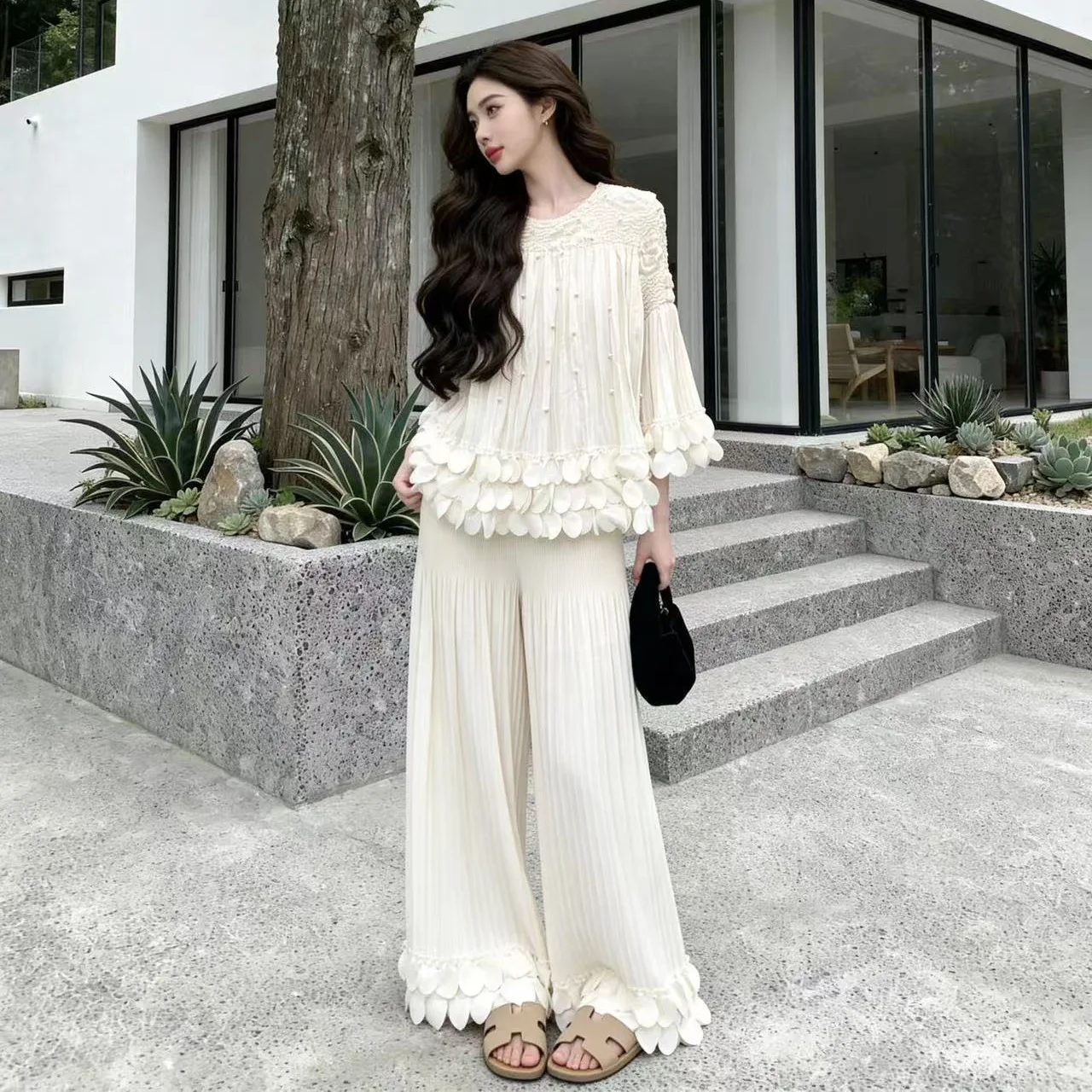 

Pant Set Women Two Piece Sets Round Neck Full Sleeve Shirt Beaded Petal Hem Wide Leg Long Pants Pleated Y2k Streetwear Work 2026