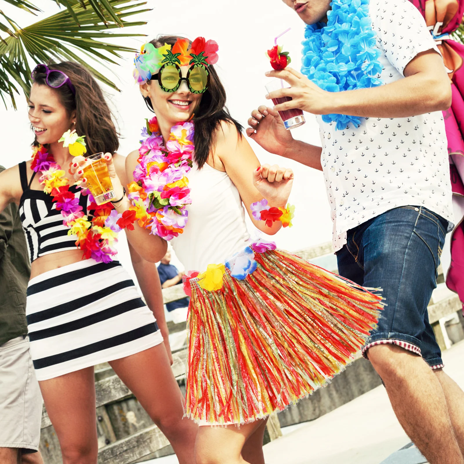 

1 set Grass Skirt Suit Hawaiian Outfit Women 30Double Layer Skirts 4Piece Garland Pineapple Glasses Plastic Lightweight Party