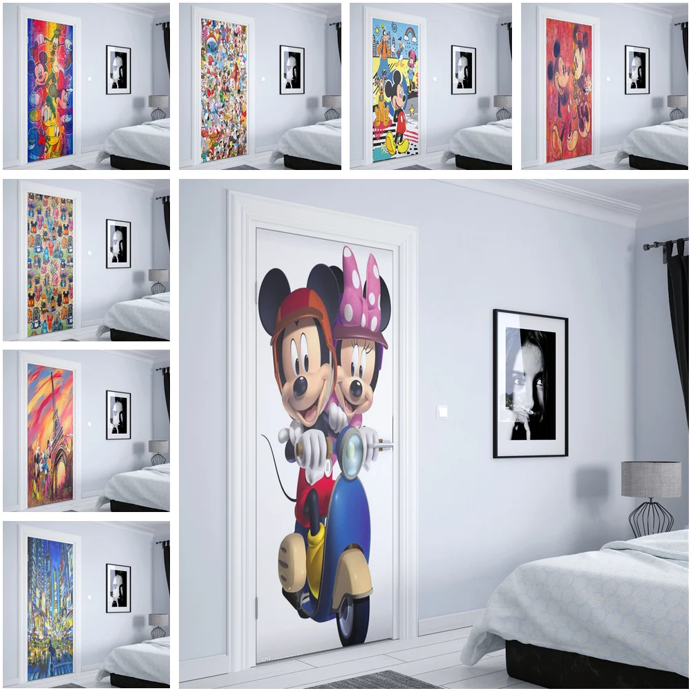 Disney Anime Lilo & Stitch Angel Mickey Door Sticker Aesthetic Art Decoration Home Kids Room Door Wall Vinyl Sticker PVC Sticker