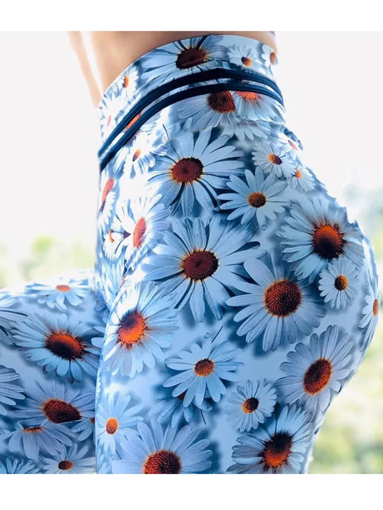 Fashion Chrysanthemum Print Gym Leggings Women High Waist Push Up Sport Leggins Skinny Stretch Fitness Jegging Drop Shipping