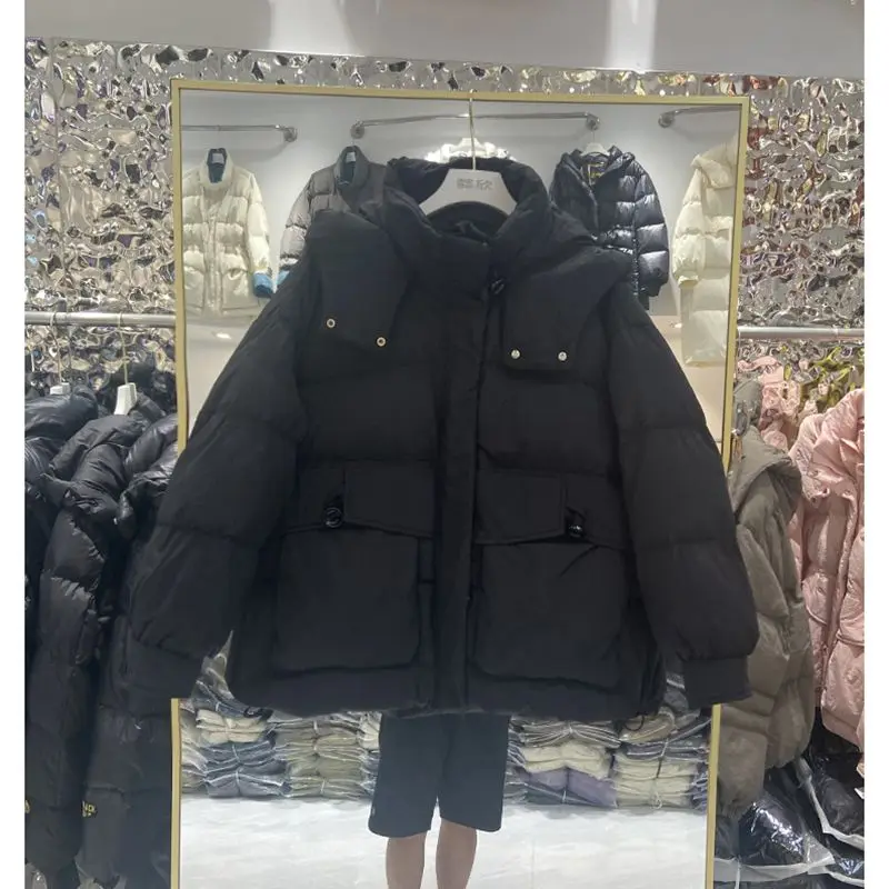 Korean Style Thickened down Cotton Jacket Women's Short Loose Coat Hat Integrated Fashion Small Size Winter New Arrival