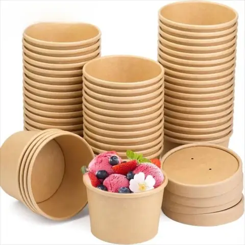 10PCS New Disposable Kraft Paper Bucket Bowl 8oz/12oz/12oz with Lid Round Paper Soup Bucket Hot Soup Bowl Takeaway Packing Boxes