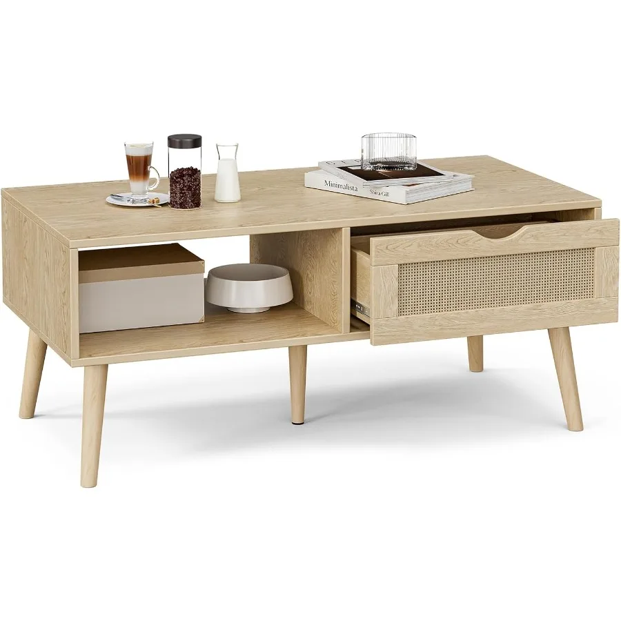 Coffee Table with Storage Boho Dining Table with Rattan Drawer and Solid Wood Legs Small Coffee Tables for Living Room Oak
