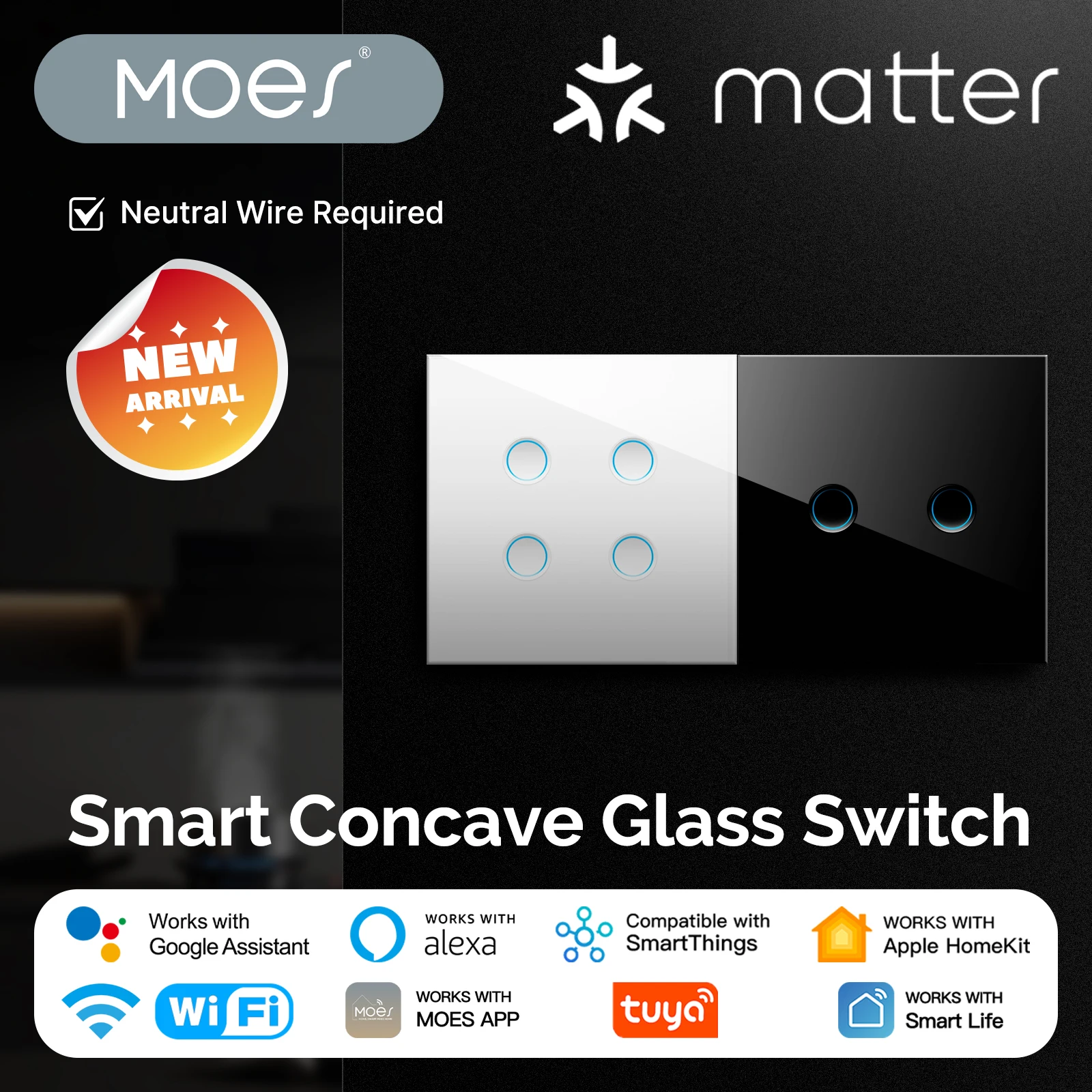 MOES Tuya Smart Light Switch, WiFi Concave Glass Panel, Works with Alexa/Google/Apple Home/SmartThings, Neutral Wire Needed