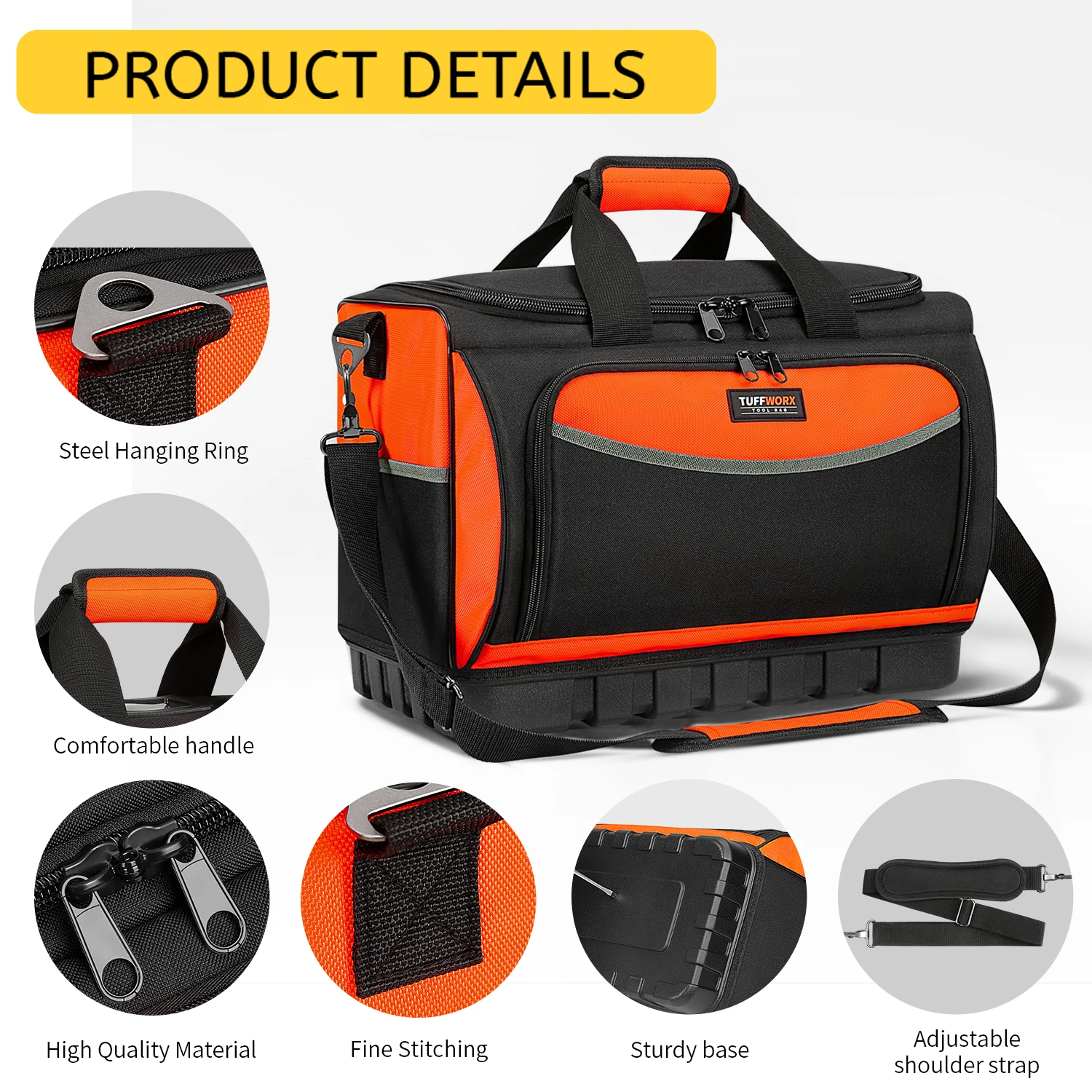 حقيبة أدوات بقاعدة مصبوبة، حقيبة تنظيم أدوات مفتوحة مع 18 جيبًا، حزام كتف قابل للتعديل، حقائب أدوات شديدة التحمل للرجال