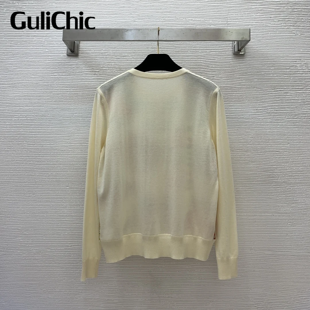 9.19 GuliChic Fashion Vintage Chic Pattern Print Crew Neck Single Breasted Long Sleeve Knitted Spliced Cardigan Women