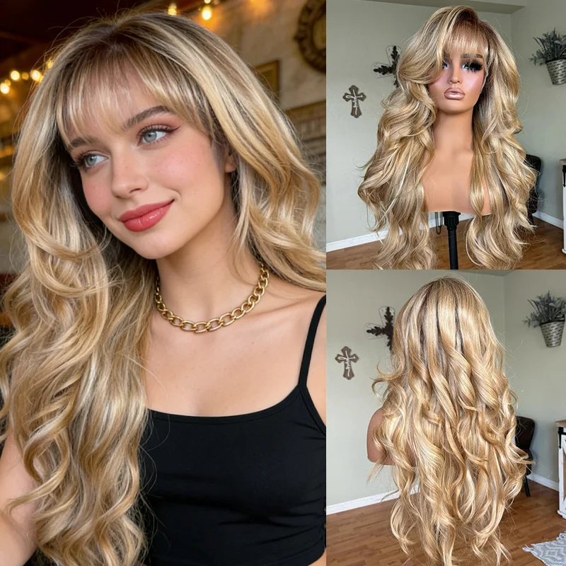 

Новый светло-золотистый парик из синтетических волос с челкой, парик с кружевной передней частью, натуральный вид, подарок для нее, безклеевой парик