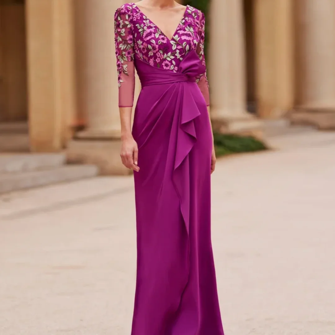 

Elegant V-neck 3/4 Sleeves Bridal Party Dresses Flowers For Split Floor-length Mermaid Mother of the Bride Dresses Customized