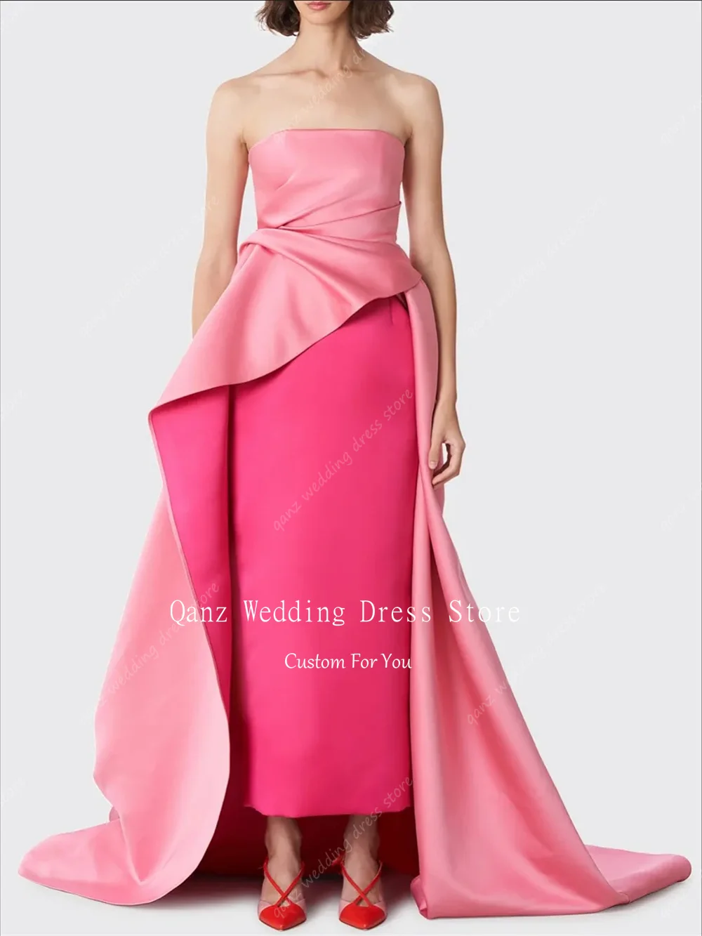 Qanz Dubai فساتين سهرة حورية البحر بدون حمالات من الساتان الوردي بدون ظهر مناسبة رسمية فساتين طويلة ذيل رداء De Soirée مخصص