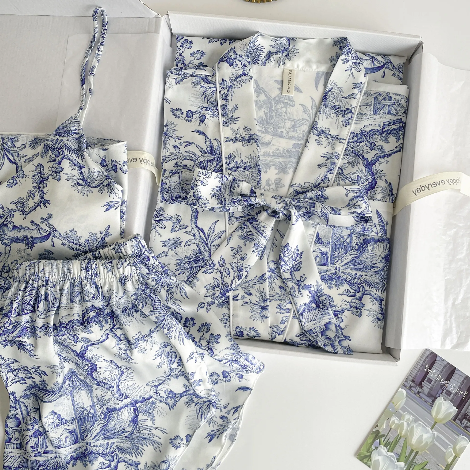 

Women Sleepwear 3PCS Pajamas Set Lingerie Flower Print Bathrobe Gown Nightwear New Summer Loose Satin Lounge Wear Home Clothes