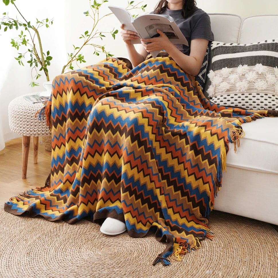 Battilo Boho Throw Blanket Lightweight Knit Throw With Tassels Bohemian Woven Sofa Blankets Soft Bed Plaid Decorative Blanket