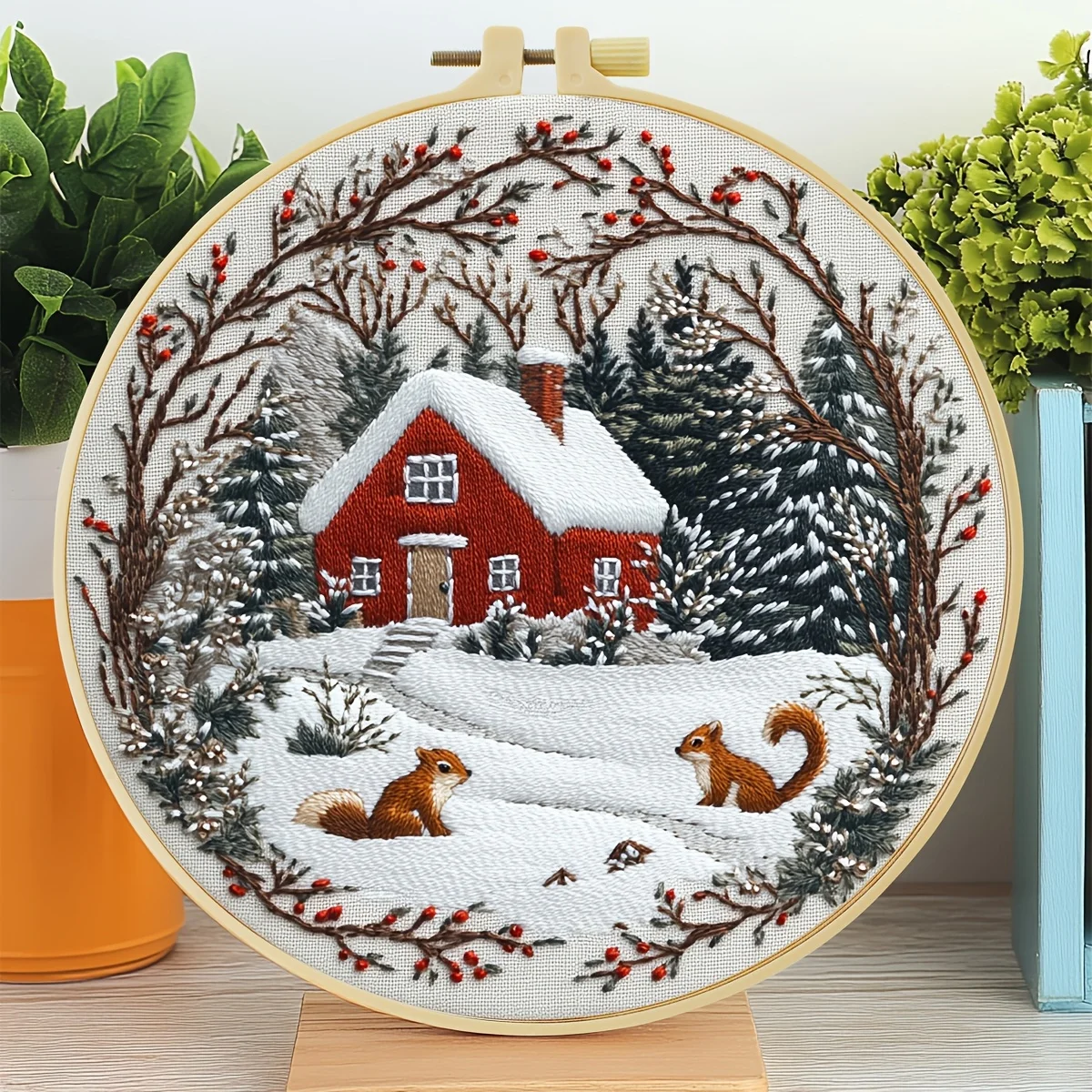 Winter DIY Embroidery Kit, 20x20cm/7.9x7.9 inch with Pattern Cotton Threads Needles Hoop Handmade Embroidery Kit