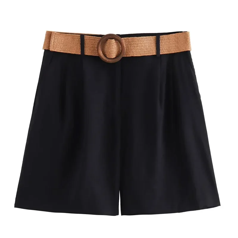 TRAF Belt Bermuda Shorts Woman Fashion Black High Waist Shorts Women Summer Casual Baggy Shorts Woman Loose Women\'s Shorts