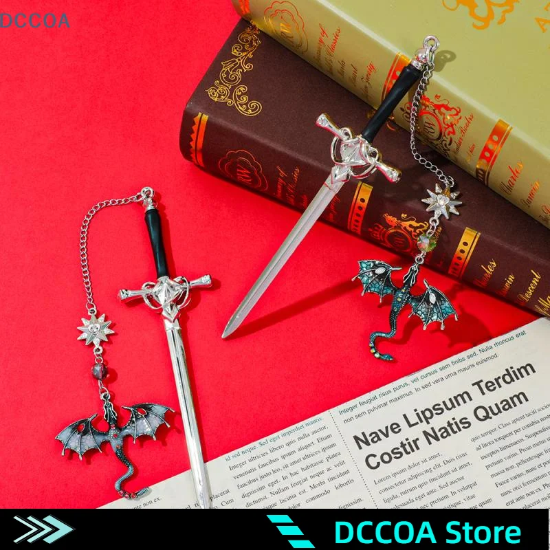 Sword-shaped Weapon Model Metal Bookmark With Double-winged Dragon Pendant Book Lovers Reading Accessories Birthday Gift