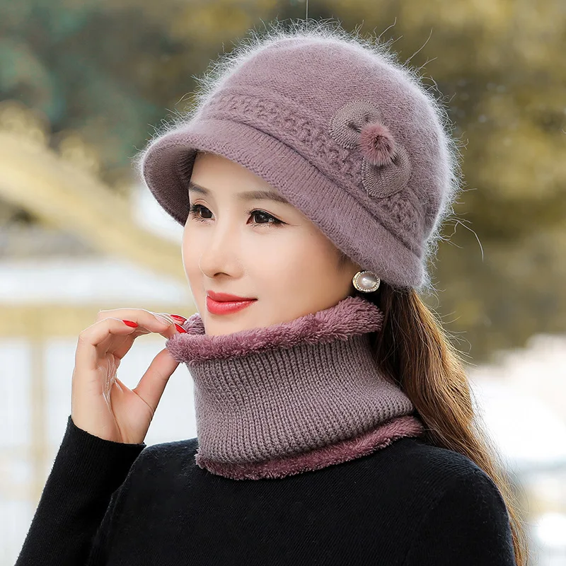 Fashion Ew Women Winter Cap Keep Warm Cap Add Fur Lined Hat & Scarf Warm Set Caps for Women Casual Faux Fur Flower Knitted Hat