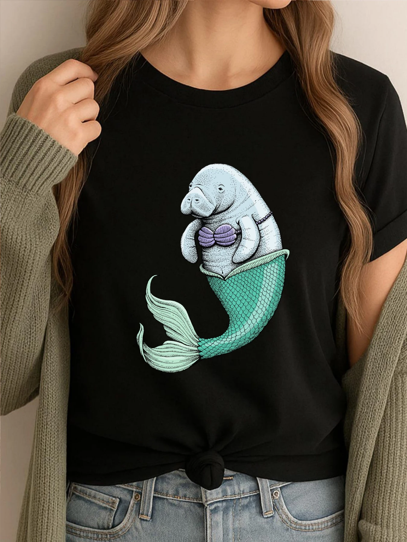 

Ламантин Русалка Мужская дизайнерская одежда Мужские футболки Футболка с забавным принтом Иллюстрация Одежда с графикой