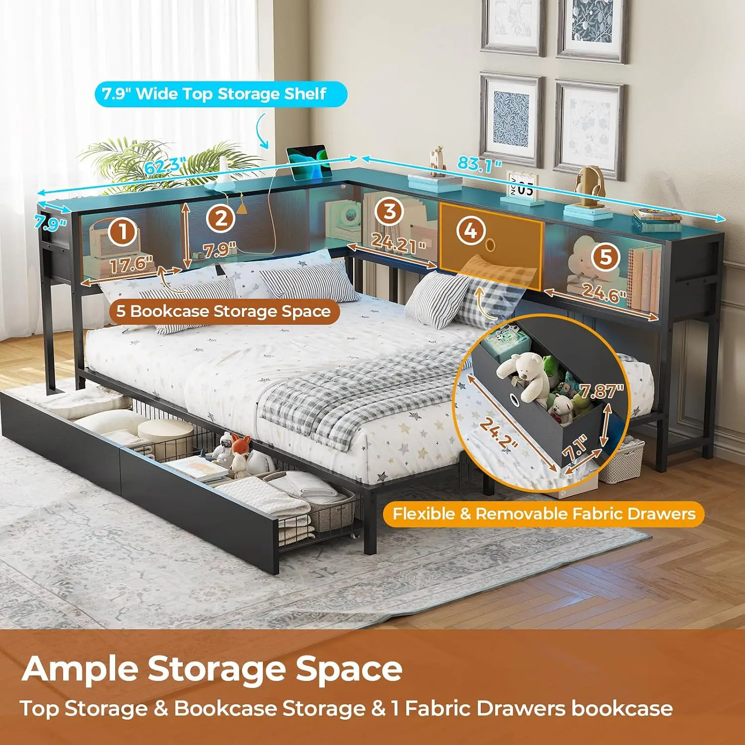 Corner Bed Frame Bookcase LED Lights Metal Platform Full Storage Drawers Charging Station Daybed Teen Adult Black, Customized image 6