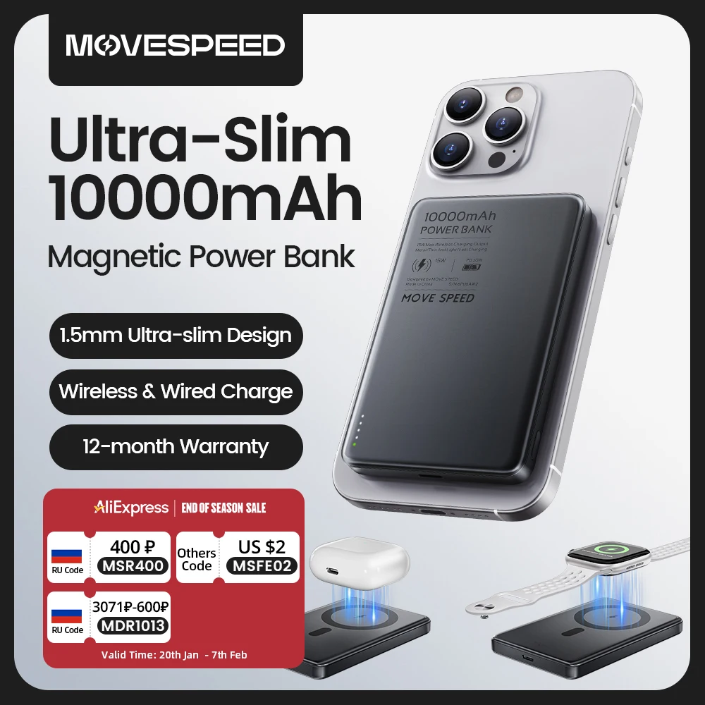 MOVESPEED S10 Slim Magnetic Power Bank 10000mAh PD20W Portable Charger Wireless External Battery for iPhone 16 Samsung Powerbank