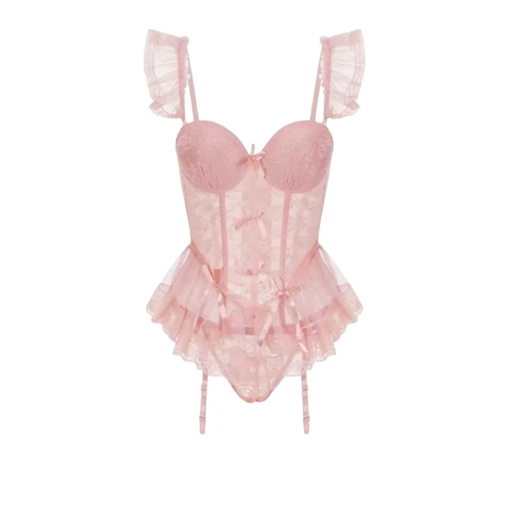 

Fashion Bowknot Lace Lingerie Women Flounce Transparent Lace Sling Nightdress Mesh Nightwear See Through Night Dress Sleep