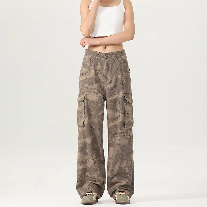 CHIC American Retro Boyfriend Street Camouflage Cargo Baggy Pants Women Men Pockets  Straight Loose Wide Leg Trousers Hip Hop