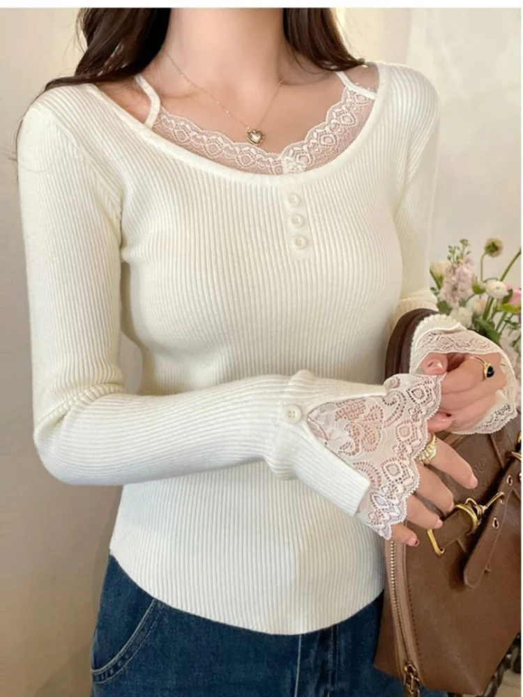 Design Slim Pullover Top Lace Knit T-shirt Women Layering Shirt Autumn O-neck Sweater Long-sleeved Sweaters Y2k Jumper Trendy 5