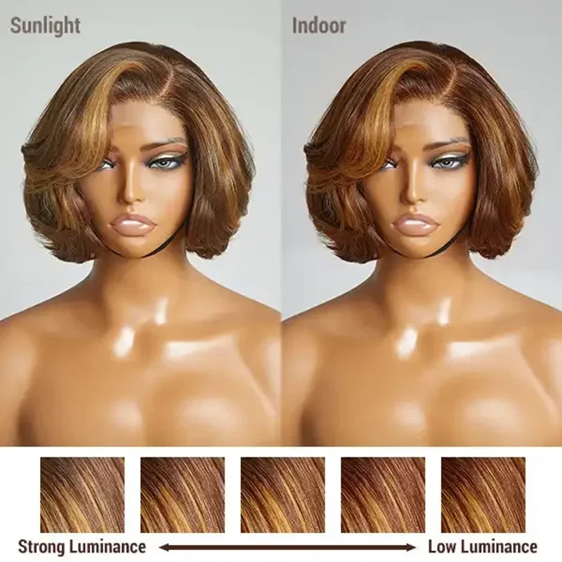 Brazylijski 4/27 Highlight 4x4 Body Wave Bezklejowe zamknięcie Ludzkie włosy Peruki Ombre Brown Mix Blonde Water Wave C Part Short Bob Wig