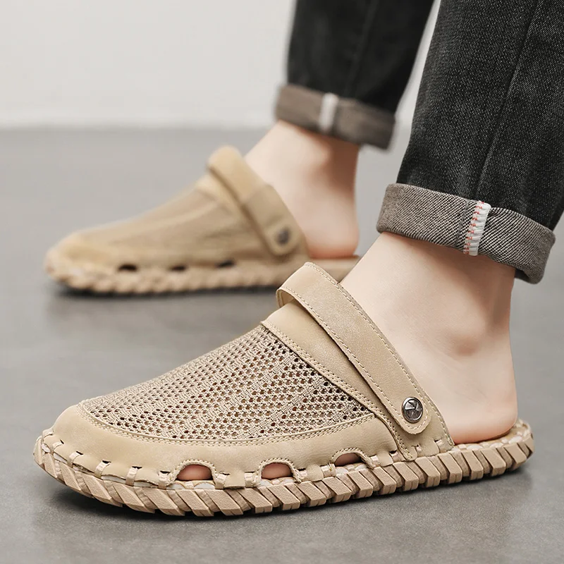 Sandalias de cuero transpirables para hombre, zapatos casuales de verano para senderismo al aire libre, playa, diseñador de moda, deportes de lujo, zapatillas de pescador