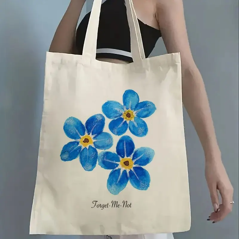Women's lightweight handbag，Beige with blue floral print，Double-handle, open-top, casual shoulder bag without lining，Machine was