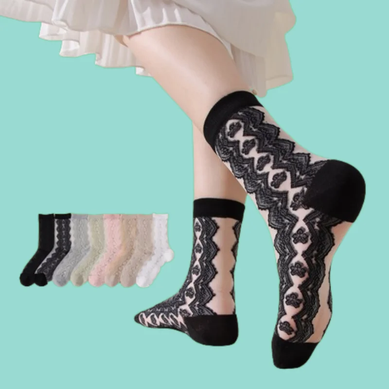 

4/8 Pairs Women's Lolita Crystal Stockings Fashionable Breathable Glass Stockings Hand-sewn Boneless Comfortable Casual Socks