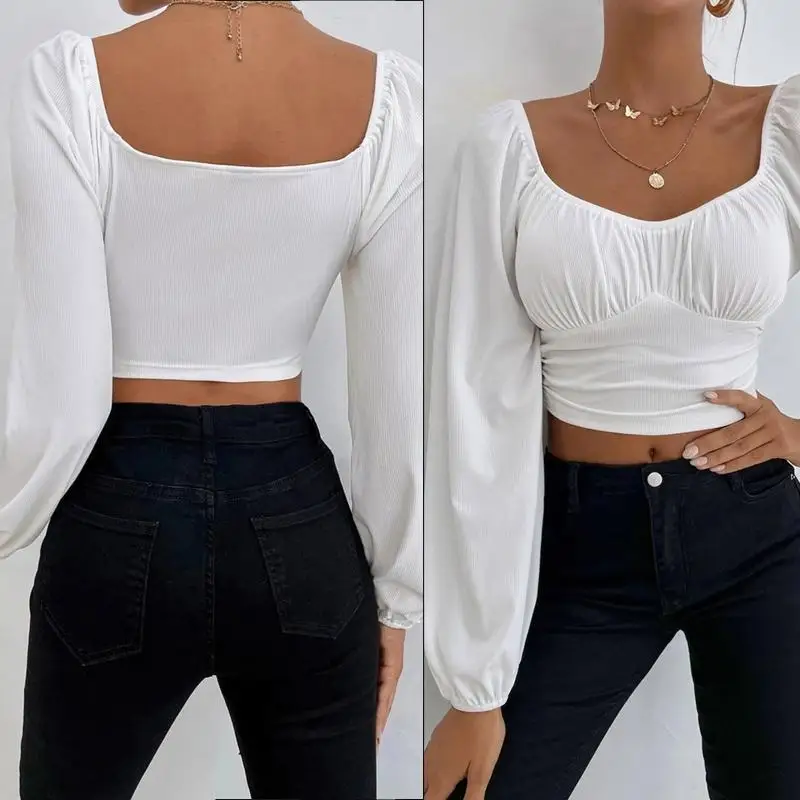 652F Wit Corset Top Y2K Crop Tops Vierkante Hals T-shirt Dames Streetwear T-shirts Met Mouwen