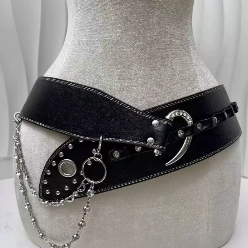 Punk Rhinestone Belt Buckle-style Belt Quality-matched White Dress Belt Pu Irregular Belt Retro Fashion Belt Black Pendant Chain