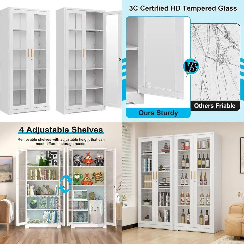 

White Metal and Glass Curio Cabinet with Lock, 71 Inches Tall, Featuring Doors and 4 Adjustable Shelves for Display and Book Sto