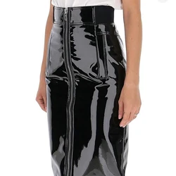 Women Shiny Faux Leather High Waist Slim Pencil Skirts Ladies Front Zip Open Glossy PU Bodycon Mid Skirt Party Clubwear Custom