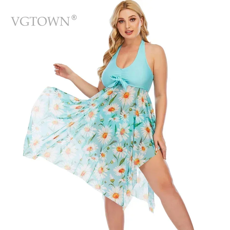 Plus Size 10XL Swimsuit Tankini Set Swimwear Women Swim Flower Print Large Big Breasts Halter Bathing Suit Beachwear Swimdress