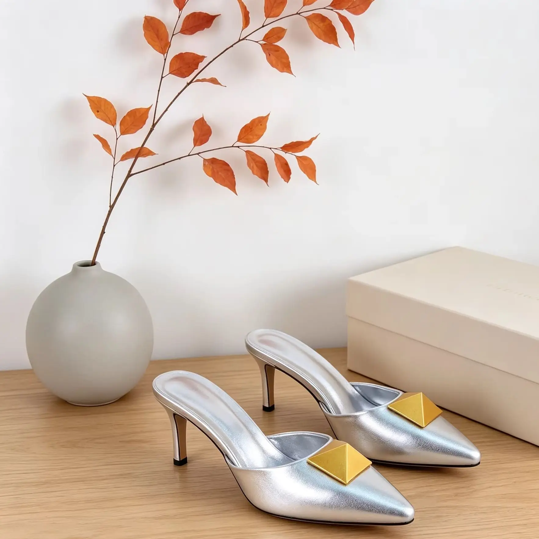 Silver Metallic Pointed Toe Women Mules Thin Stiletto High Heel Pump Slip on Golden Stud Sandals Summer Slippers Lady Shoe