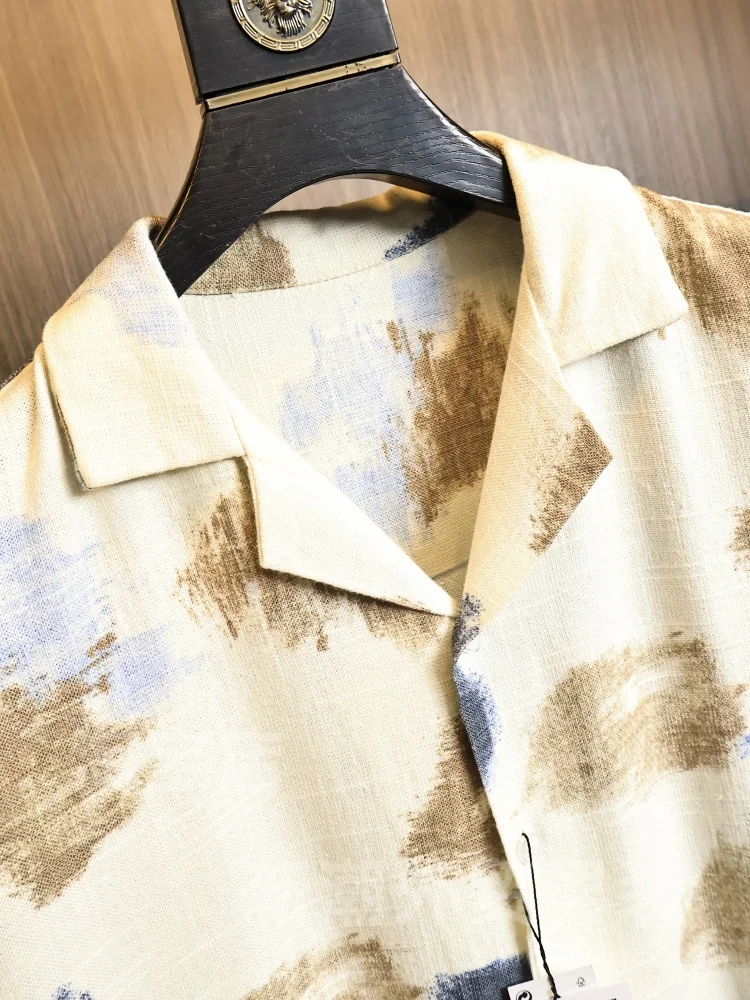 Loose Cuban Collar Short Sleeve Men's Shirt Summer Fashion Urban Style Breathable Comfortable Dyed  Line Male Model