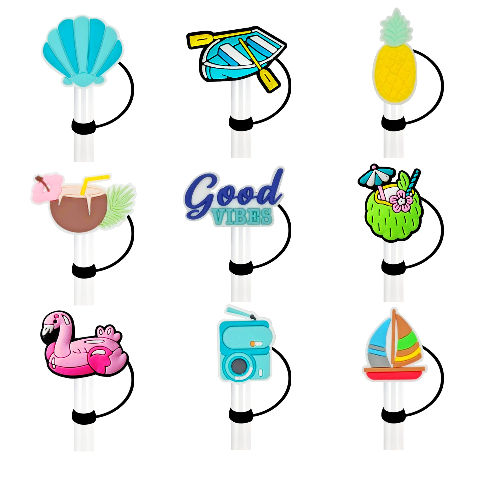 1-9Pcs Shell Pineapple Coconut Boat Camera Summer Silicone Straw Covers 10mm Straw Caps For Stanley 30&40 Oz Tumble Dust-Proof