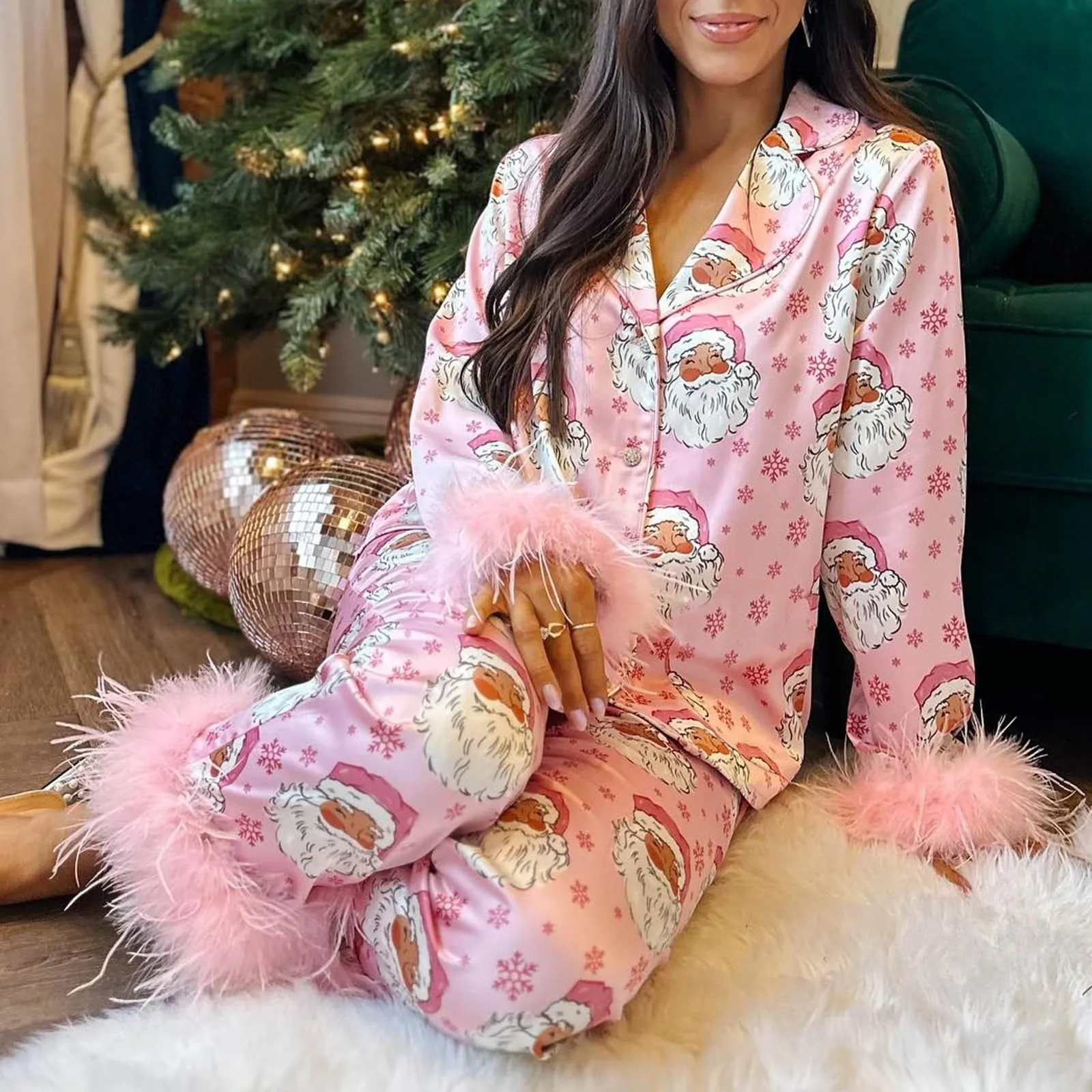 Womens Feather Christmas Print Flannel Sleepwear Women Shirt Pants Two Piece Pajamas Sets Nightwear Pijama Suit Luxury Pyjamas