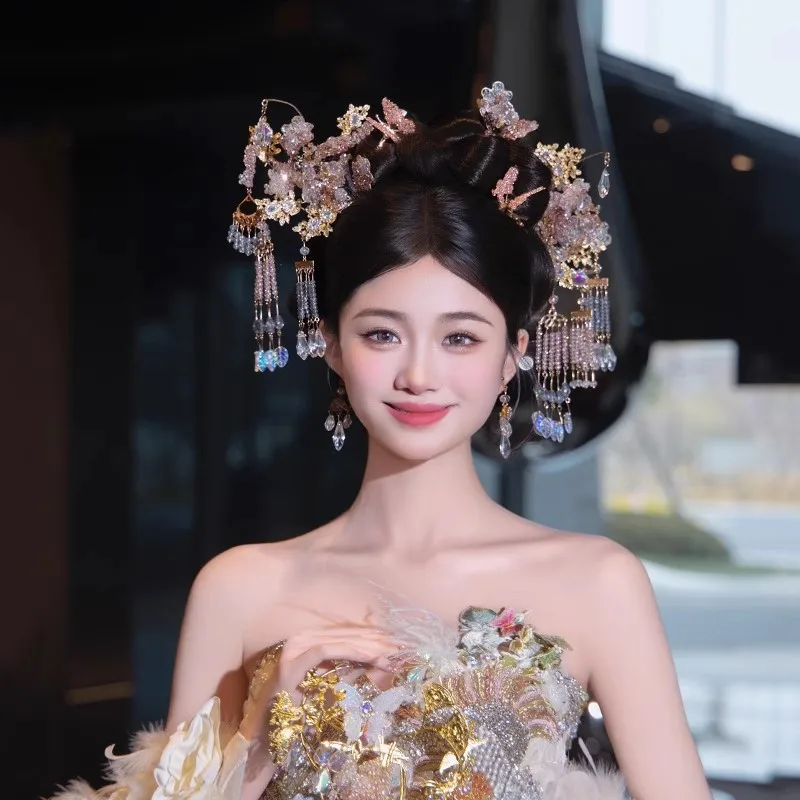 

Handmade Chinese Vintage Style Light Colored Tassel Hairpin Set Ancient Xiuhe Classical Costume Wedding Accessory