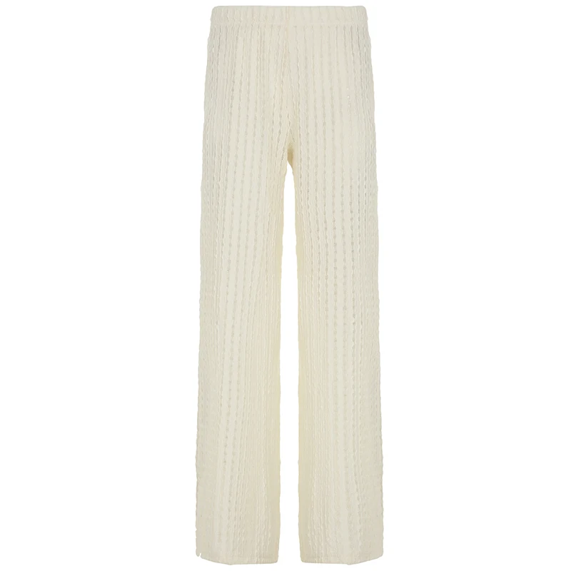 Beach Style Hollow Out Knitted Pants See Through Casual Loose High Waist Wide Leg Pants Women Sexy Basic Trousers Streetwear