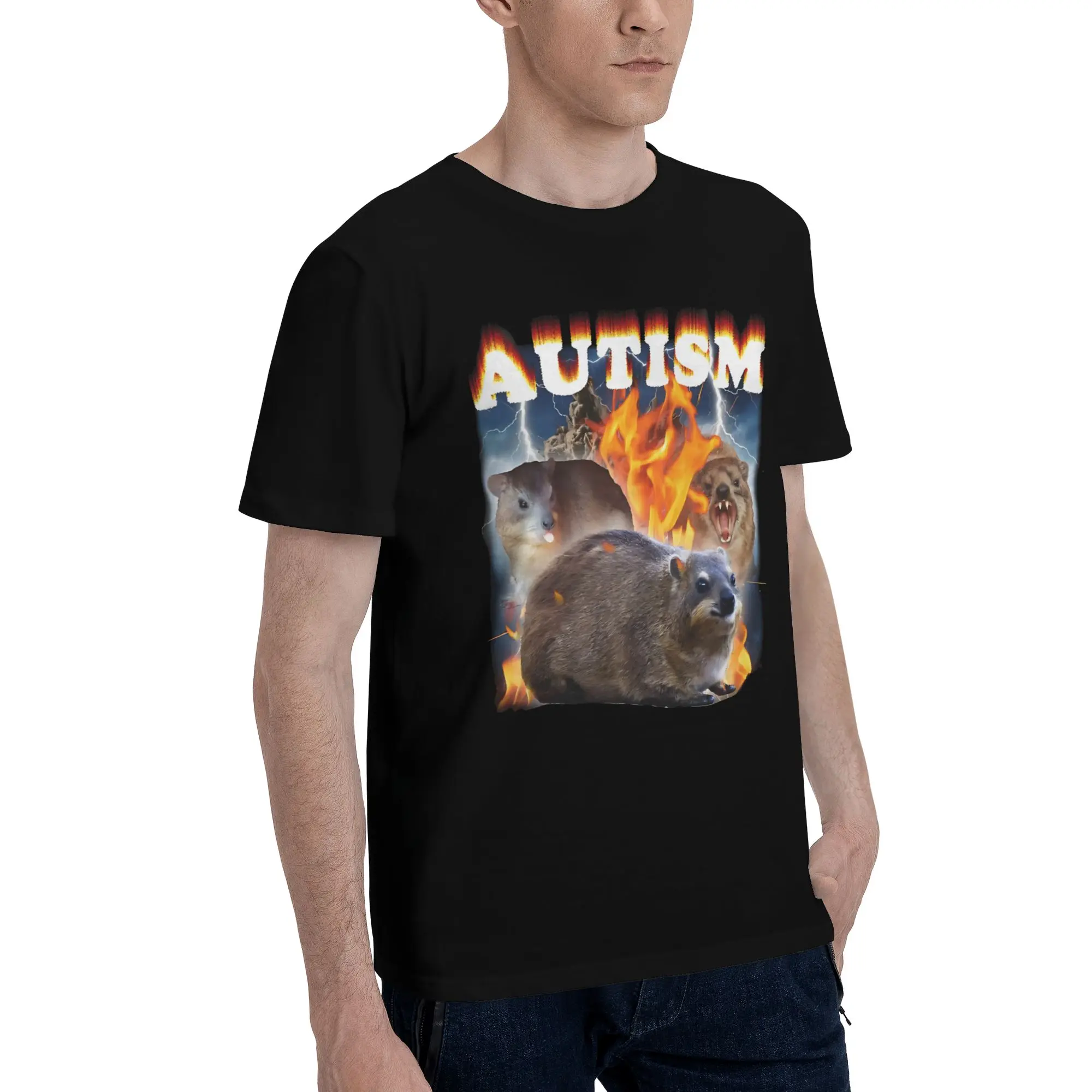 Funny Hyrax Meme Graphic Funny 100% Cotton T-Shirt Autism Tops Tees For Men