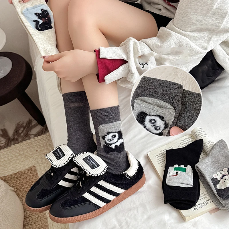 

Набор из 4 пар женских носков с мультяшными животными, удобные дышащие хлопковые носки для девочек, милые забавные милые носки средней длины в стиле каваи