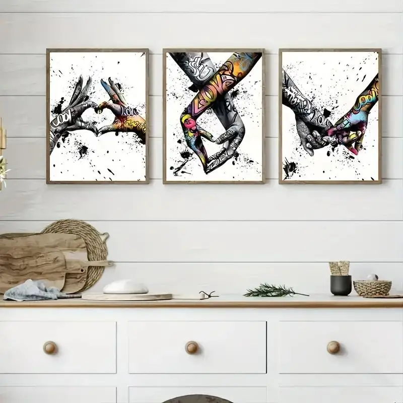 3pcs Unframed Graffiti Holding Hands Canvas Print - Abstract Paintings For Living Room Wall Art And Couple Gifts, 11.8x15.7in