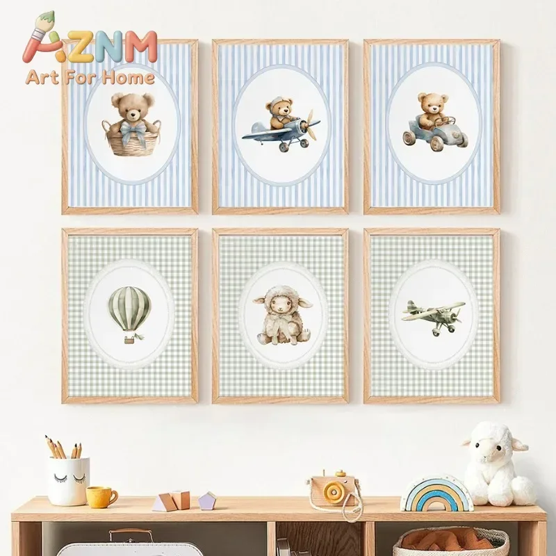 AZNM Watercolor Cute Bear Airplane Hot Air Balloon Canvas Wall Art Vintage Striped Gingham Art Print Unframed Canvas Poster for