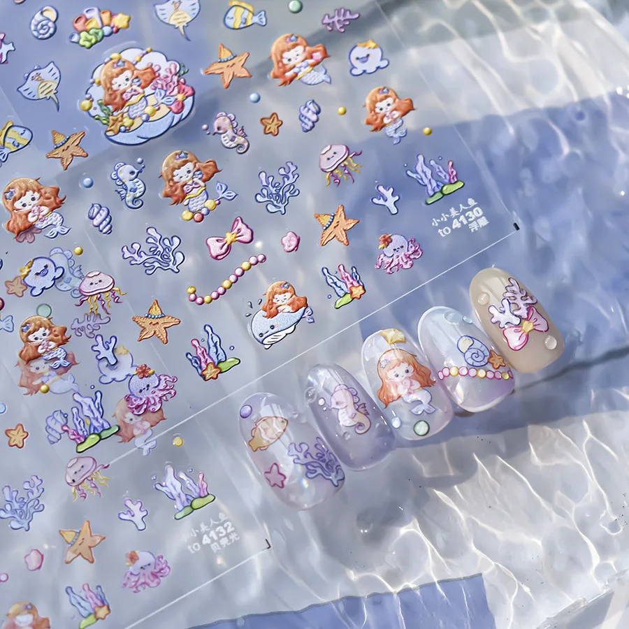 

1 Sheet Cartoon Mermaid Nail Stickers Press On Nails 6D Embossed Pattern Self-Adhesive Cute Kawaii Nail Art Decals for Manicure