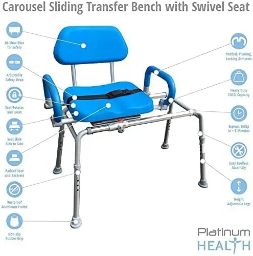 Health Carousel Sliding Shower Chair Transfer Bench with Swivel Seat, Premium Padded Bath, with Pivoting Arms, Adjustable Space