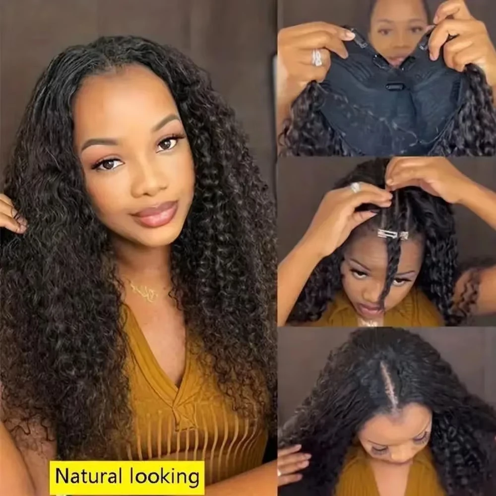 V Part Wig Human Hair No Leave Out Upgrade V Part Human Hair Wig For Women 180% Kinky Curly V Shape Wig No Glue Clip In Half Wig