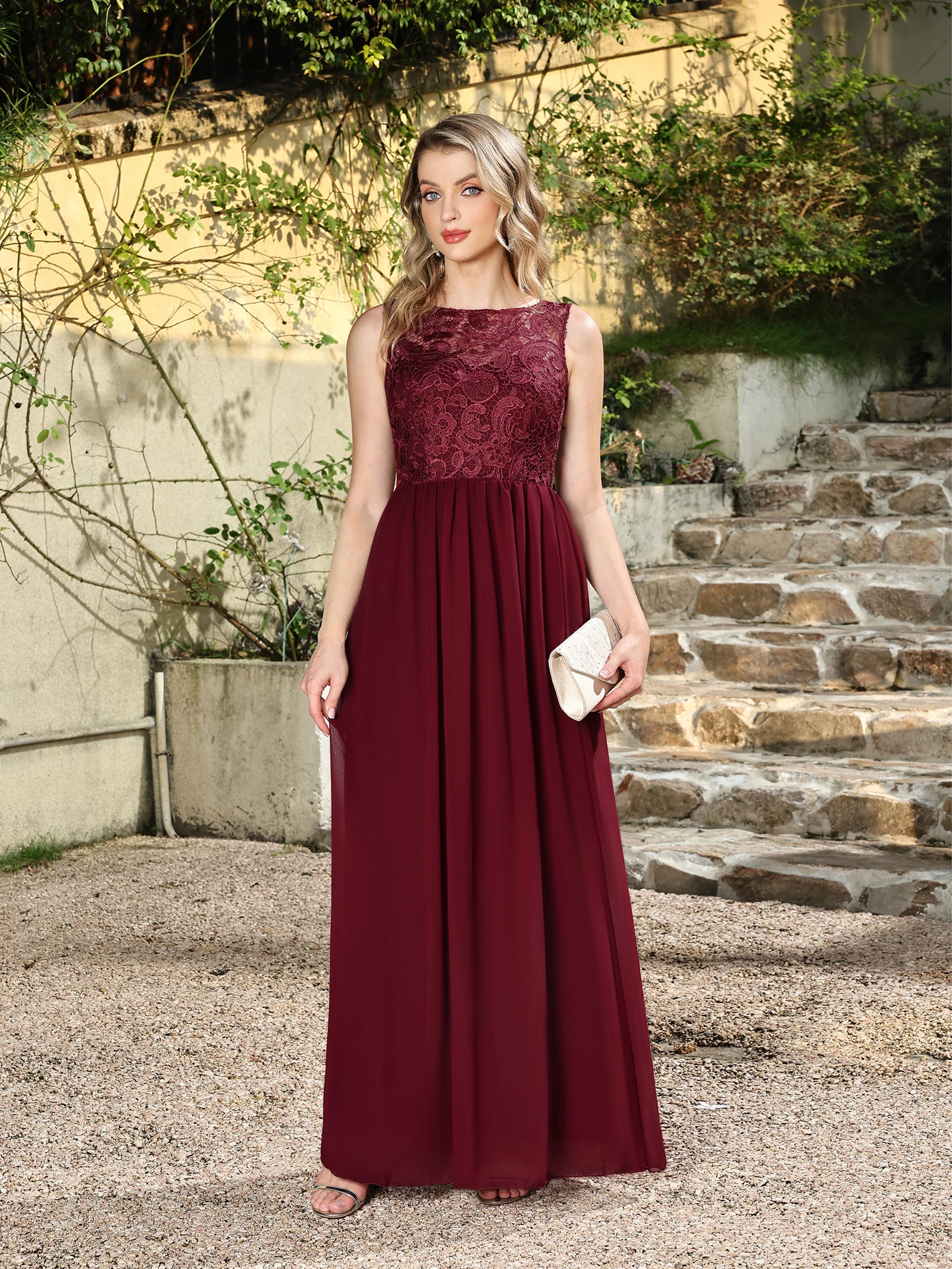 쉬폰 A 라인 이브닝 드레스 컷 아웃 레이스 오 넥 민소매 쉬어 백 댄스 파티 드레스 Pleated Waist Floor-Length Bridesmaid Dress